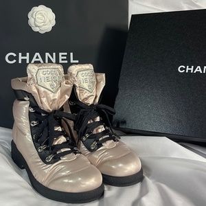 Chanel Rosey Ivory and Black Puffy Boots with Gold Embroidered Coco Neige badges